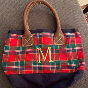 Small plaid fabric purse with M monogram